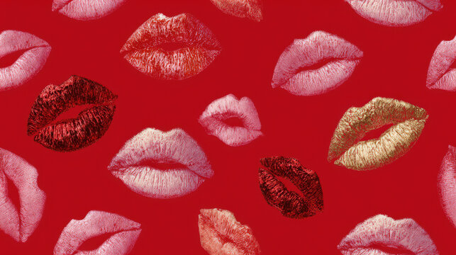Glossy red lips on seamless red background for Valentine theme
