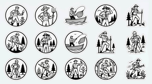 Line art icon collection of blue collar professions and outdoor activities, minimalist monochrome vector set