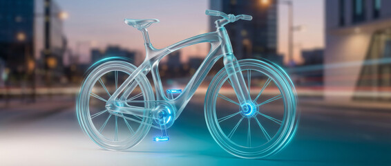 Fototapeta premium Futuristic bicycle glowing with transparent blue energy lines in an urban setting. Modern mobility illustration for smart transport, eco commuting and innovation themes.