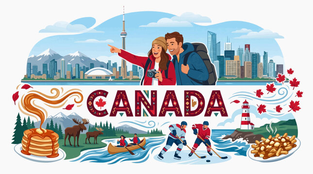 Canada travel banner vector illustration with couple tourists skyline landmarks hockey players moose canoe and food elements