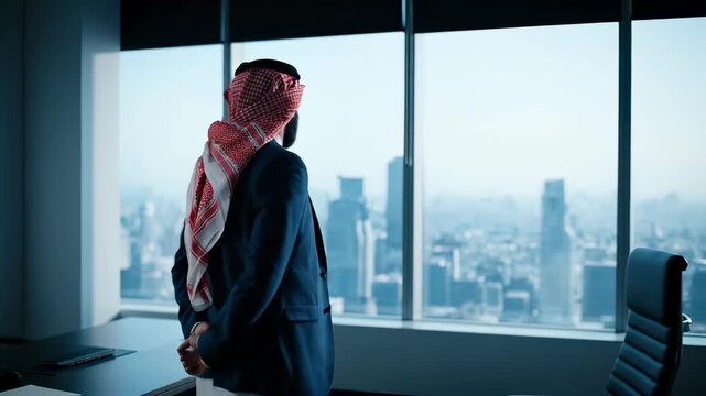 Middle eastern businessman in keffiyeh gestures at office window overlooking city skyline. Executive presents near desk with urban view. Professional gestures at window. Businessman in keffiyeh office