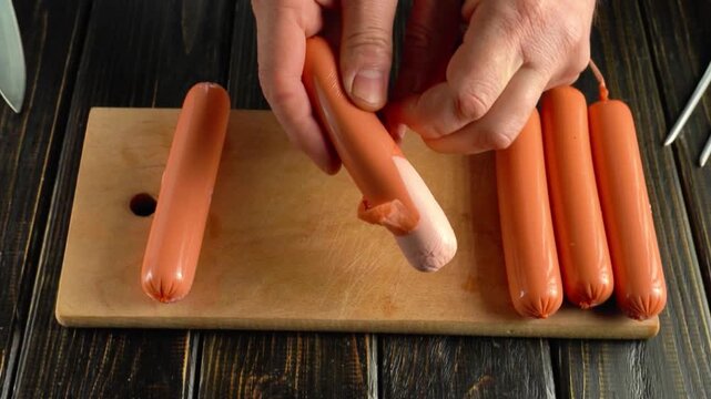 Hands peeling skin from hot dog sausage on wooden cutting board with several sausages arranged in a row, kitchen utensils visible in the background