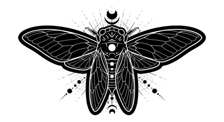 Black and white illustration of a moth with crescent moon and celestial elements, mystical insect design © Konjjo