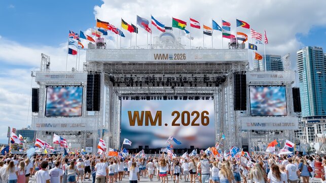 Large outdoor stage with international flags and enthusiastic crowd celebrating the WM 2026 event in a modern city under a bright blue sky