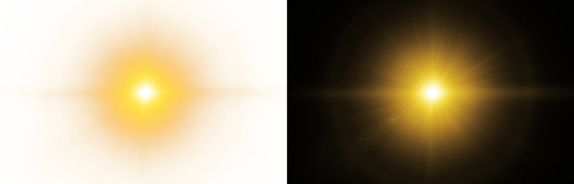 Radiant golden light burst with glowing lens flare and warm optical shimmer. PNG image of A bright golden anamorphic lens flare effect.