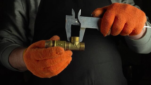 Technician measures brass plumbing fitting with caliper tool while wearing orange gloves, showcasing precision in a workshop setting