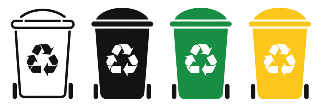 Recycle bin with wheel icon featuring garbage collection, waste sorting, and environmental protection clean design elements