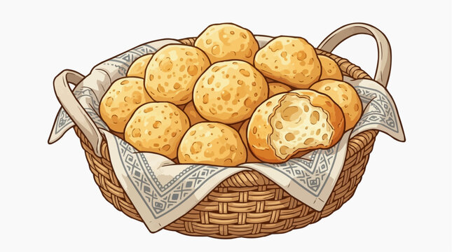Brazilian Food Set - Traditional p&atilde;o de queijo cheese bread rolls in woven basket with cloth napkin, classic Brazilian snack vector illustration on white background