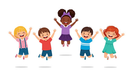 Fototapeta premium Happy diverse children jumping in the air, kids play concept, colorful illustration