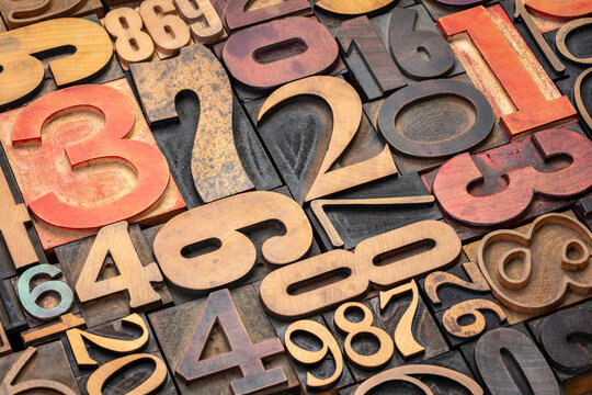 numbers background - vintage grunge letterpress wood type printing blocks from a variety of font sets