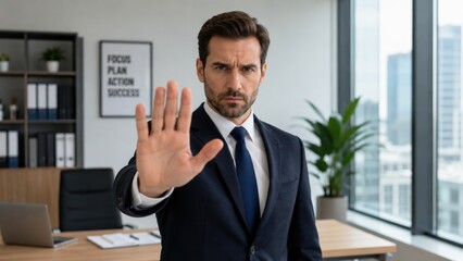 Fototapeta premium Businessman gesturing stop in modern office interior