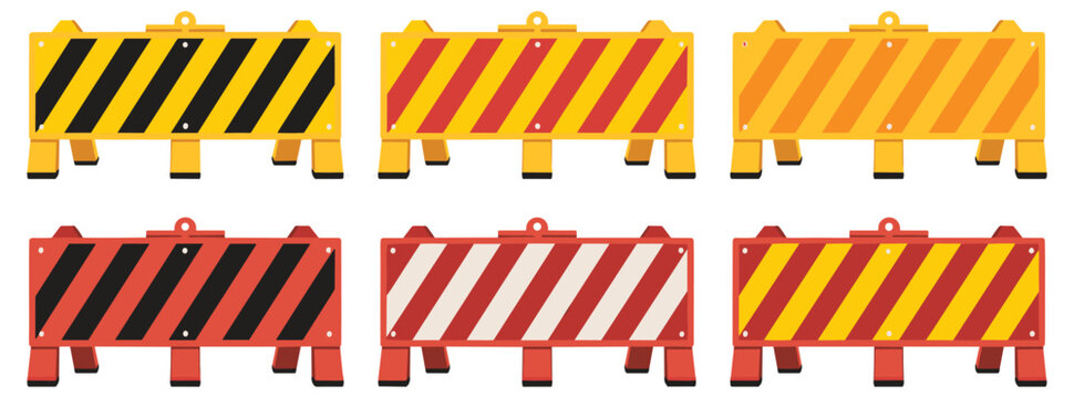 Construction Barricades Vector Set Featuring Road Work Barriers, Safety Fences, Traffic Control Signs and Work Zone Protection Elements