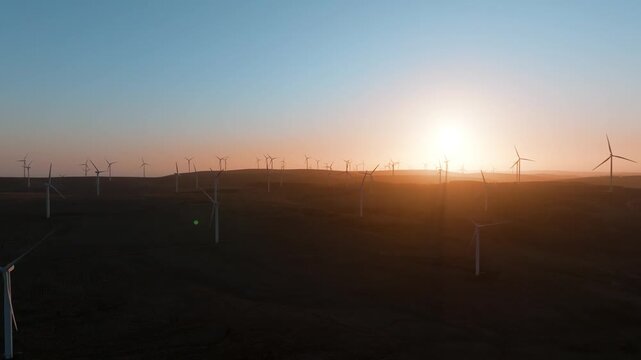 Aerial view of Crystal Rig Wind Farm with numerous wind turbines on rolling hills during a golden sunset in Dunbar, Scotland, United Kingdom.