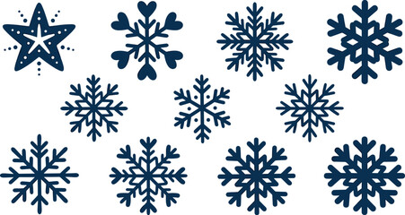 Fototapeta premium Winter Snowflake and Star Crystal Shape Icon Set with Decorative Hearts, Dots, and Ornaments for Christmas Holiday Greeting Card Designs