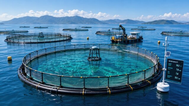 Fish farm cages floating in coastal aquaculture facility