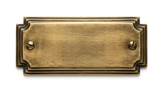 Vintage brass nameplate with decorative border and two screws on a white antique metal