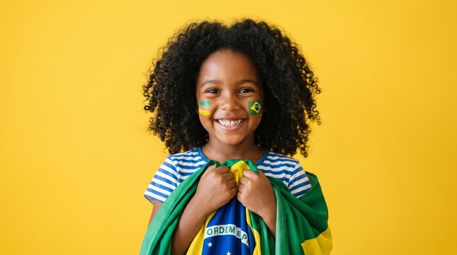Happy Young Brazilian Girl with Face Paint Holding National Flag Against Yellow Background