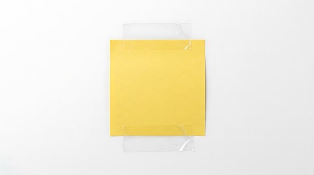 Yellow sticky note attached to a white surface with clear tape paper square