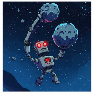 Retro Robot Holding Asteroids in Outer Space Cartoon Comic Illustration for Technology and Sci-Fi Concepts