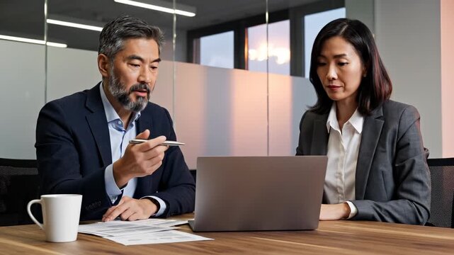 Asian business team holds office meeting. Manager discusses strategy on laptop with woman. Corporate team analyzes business data. Man points at laptop screen. Business meeting focuses on success.