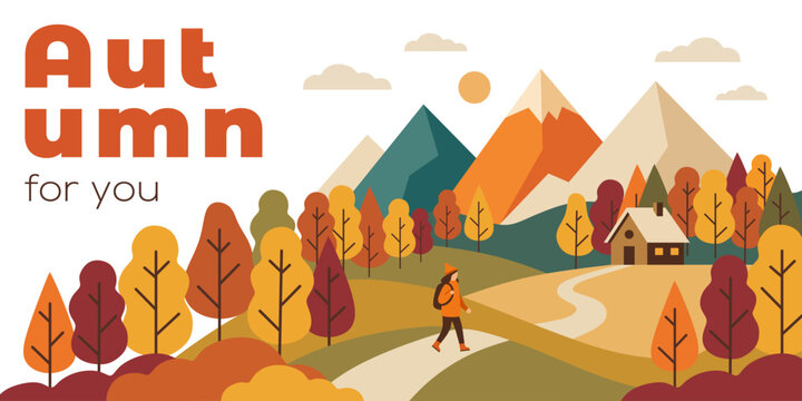 Woman hiker walking through autumn forest landscape. Girl trekking along path near cabin and mountain. Fall season travel concept. Flat illustration, seasonal nature background design.