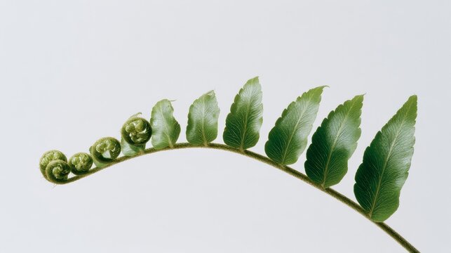 Close-up of a green fern frond with curled fiddleheads unfurling into mature leaflets, isolated on a clean white background. 
