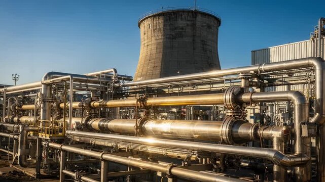 Medium shot focusing on heat exchangers with cooling tower in the background during dry sunny conditions highlighting the liquor cooling process before precipitation
