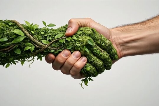 Partnership for a greener and healthier earth, Symbolic handshake representing eco-friendly partnership, Conceptual image of connecting with nature through a handshake, Taking action for environment 