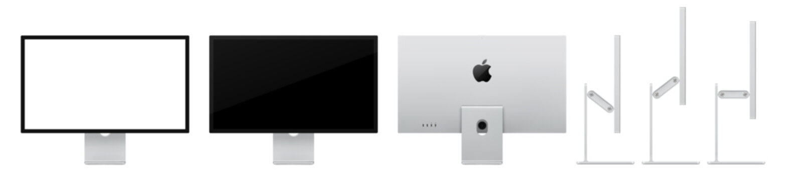 Photorealistic detailed Apple Studio Display XDR 27 inches 2026 mockup. Real dimentions. Front, back and side view isolated on transparent background. Vector editorial PNG