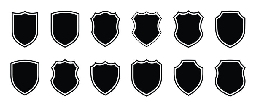 Police badge shape with black shield silhouettes representing protection, law enforcement, and sports badge identity design