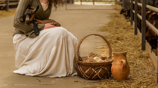 Woman holding a newborn goat in a barn with a basket of supplies