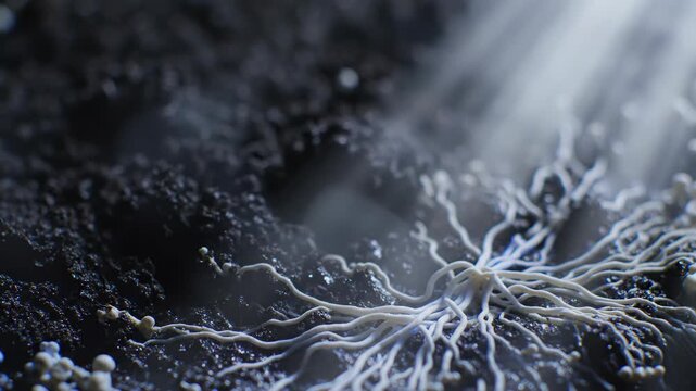 White mycelium structure spreading over dark textured soil. Biological network growth simulation. Microscopic organism development in abstract scientific visualization
