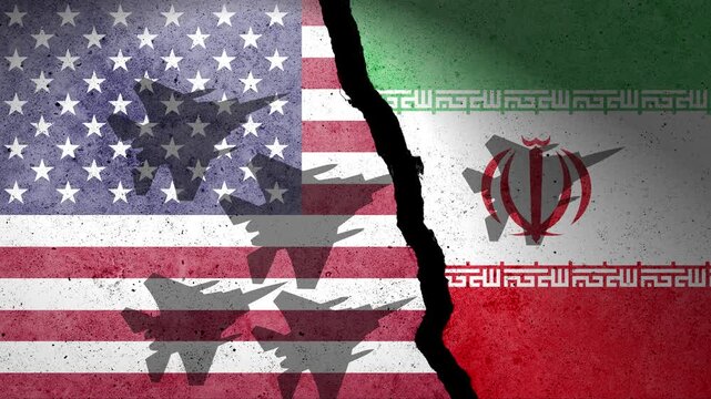 Flag of USA and Iran painted on a concrete wall with airplane shadows