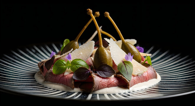 Thin slices of raw beef carpaccio garnished with large caper berries parmesan shavings and fresh green herbs on dark plate