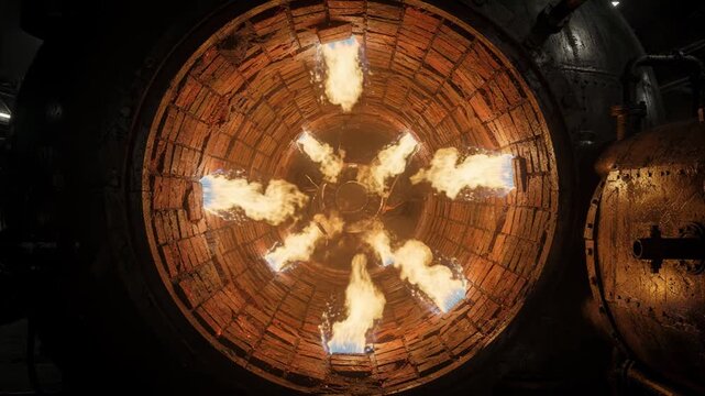 Medium shot of a hightemperature hydrocarbon pyrolysis reactor interior glowing bright with intense flames and durable refractory lining during fullscale industrial operation