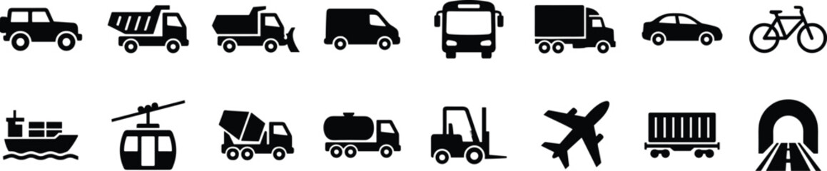 Transportation and Logistics Black Silhouette Icon Set Featuring Vehicles for Delivery Travel Shipping and Public Transport © LubanaAkter