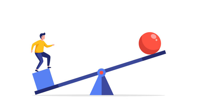 Business Balance Concept featuring a man on a cube balancing a large red sphere on a lever, ideal for corporate presentations and financial strategy blogs.