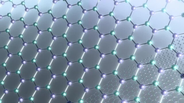 A seamless looping 3D animation of undulating wave motion nanotechnology hexagonal material graphene structures reflected on a metallic plane surface.