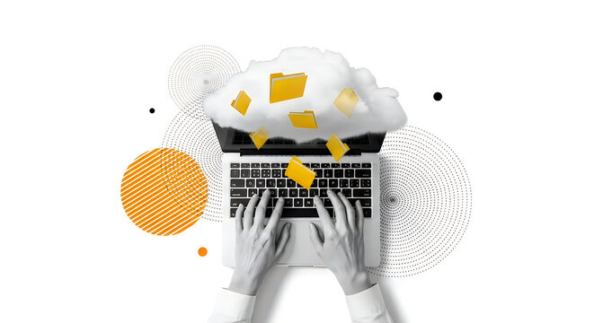 Hands on laptop keyboard with cloud and flying folders, modern collage style, isolated on white background, concept of cloud computing and data management