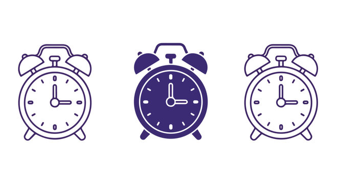 Set of three classic alarm clocks in different colors showing time on a white background