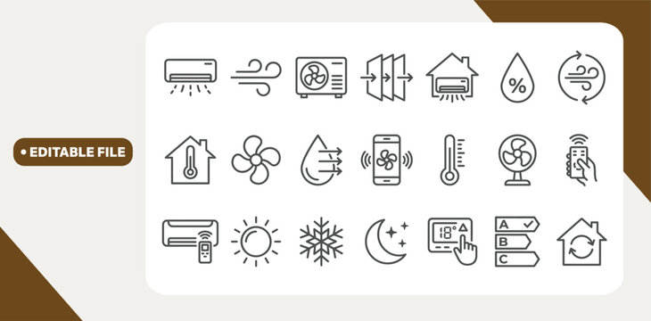 Air conditioner editable stroke outline icons set isolated on white background flat vector illustration.