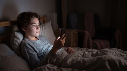 Obraz premium A boy relaxes in bed, illuminated by the soft glow of his smartphone. The peaceful night surrounds him as he explores the digital world, lost in thought.