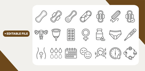 Menstruation, period and menses concept editable stroke outline icon isolated on white background flat vector illustration. © Kingko