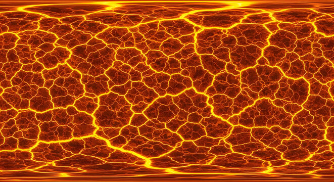 Molten lava surface with glowing orange cracks flowing across a dark rocky terrain in a high resolution panoramic digital texture