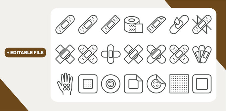 Medical patch and plaster editable stroke outline icons set isolated on white background flat vector illustration.