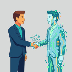 Fototapeta premium A vector graphic illustration of a man shaking hands with a robotic humanoid figure