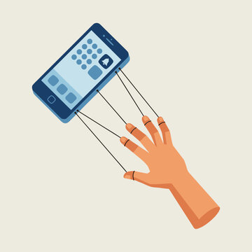 A vector graphic illustration of a hand controlling a smartphone with strings