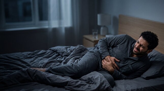 A man lies on his bed, face contorted in discomfort. The room is softly lit, highlighting his pained expression. Shadows play around as he clutches his stomach, seeking relief.