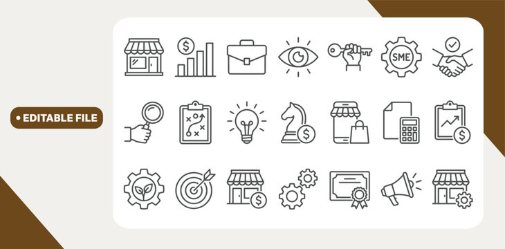 SME concept small and medium sized enterprises related editable stroke outline icons set isolated on white background flat vector illustration.