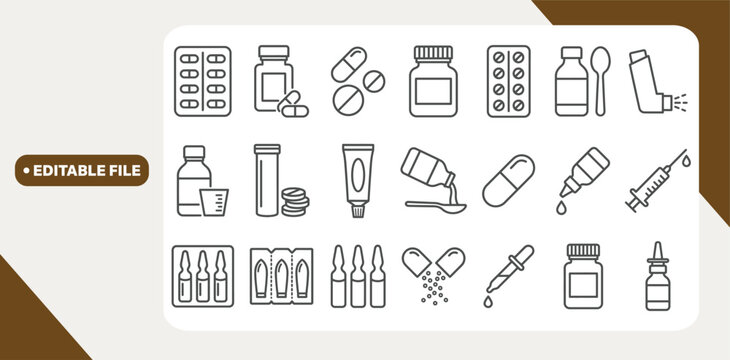 Pharmaceutical dosage forms editable stroke outline icon isolated on white background flat vector illustration.